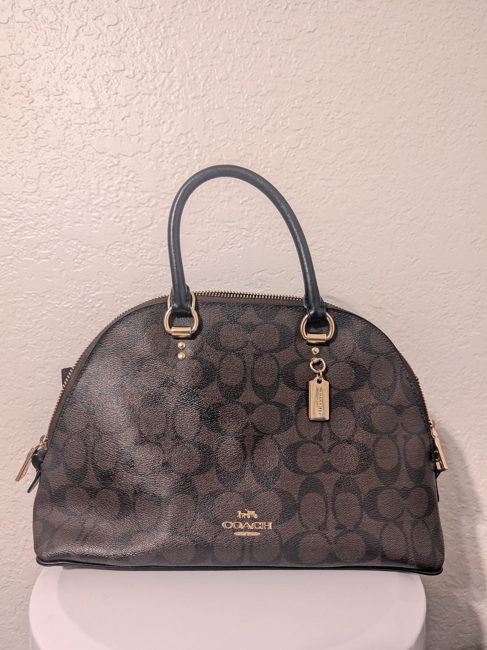 Coach Brown Signature Dome Satchel with Black Handles and Gold Hardware